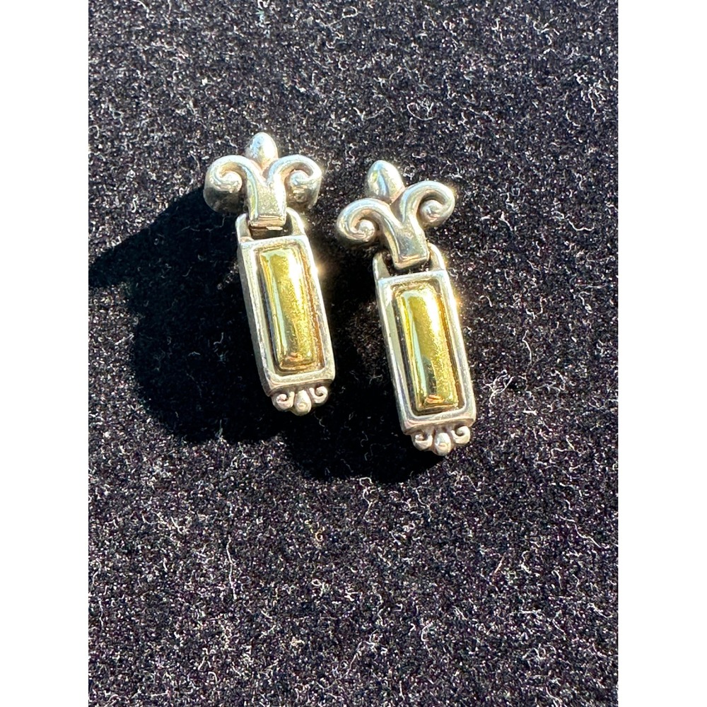 Brighton Two Tone Fleur De Lis Bar Drop Earrings Silver Gold Heart Etched Logo